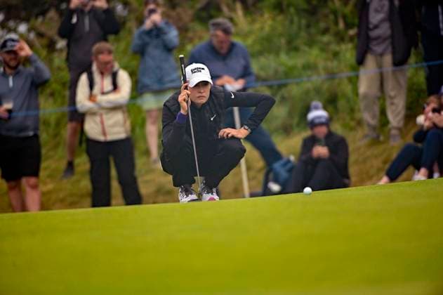 3rd August 2025; Royal Porthcawl Golf Club, Porthcawl, Wales; AIG Womens Open Golf, Final Round; Nelly Korda reading the green on 13  AledxHopkins