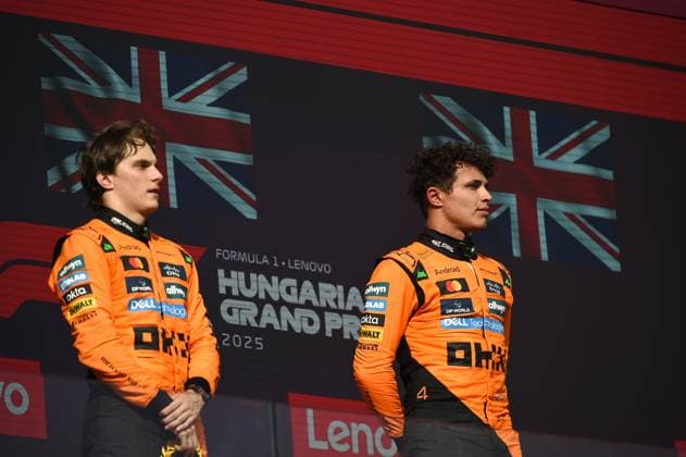 August 3, 2025, Budapest, Budapest, Hungary: Lando Norris and Oscar Piastri, drivers of McLaren on the podium after finishing 1-2 at the Formula One Hungarian Grand Prix, held at the Hungaroring Budapest Hungary - ZUMAs291 20250803_zip_s291_018 Copyright: xBalintxSzentgallayx