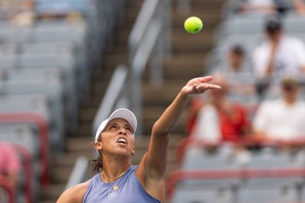 August 3, 2025, Montreal, Quebec, Canada: MADISON KEYS (6) from USA serving in first set against Karolina Muchova (11) from Czech republic in round of 16 at Canadian Open at IGA stadium in Montreal, Quebec, Canada on 2025-08-03 Montreal Canada - ZUMAl189 20250803_zsp_l189_013 Copyright: xYannickxLegarex