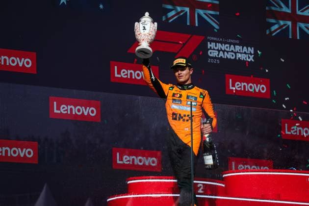 F1 - HUNGARIAN GRAND PRIX 2025 podium NORRIS Lando (gbr), McLaren F1 Team MCL39, portrait during the 2025 Formula 1 Lenovo Hungarian Grand Prix, 14th round of the 2025 FIA Formula One World Championship, WM, Weltmeisterschaft from August 1 to 3, 2025 on the Hungaroring, in Mogyorod, Hungary - MogyorodHungary  Copyright: xANTONINxVINCENTx