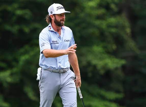 August 3, 2025: Cameron Young celebrates sinking birdie on 3rd hole. Fourth round, 2025 Wyndham Championship, Sedgefield Country Club in Greensboro, North Carolina. CSM Greensboro United States of America - ZUMAc04_ 20250803_zma_c04_004 Copyright: xDavidxBeachx