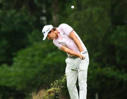 August 3, 2025: Nico Echavarria hitting ball on second hole..Fourth round, 2025 Wyndham Championship, Sedgefield Country Club in Greensboro, North Carolina. CSM Greensboro United States of America - ZUMAc04_ 20250803_zma_c04_027 Copyright: xDavidxBeachx