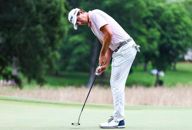 August 3, 2025: Nico Echavarria puts ball on first hole. Fourth round, 2025 Wyndham Championship, Sedgefield Country Club in Greensboro, North Carolina. CSM Greensboro United States of America - ZUMAc04_ 20250803_zma_c04_057 Copyright: xDavidxBeachx
