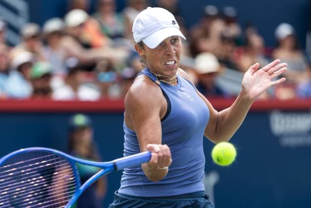 August 3, 2025, Montreal, Quebec, Canada: MADISON KEYS (6) from USA forehand in third set against Karolina Muchova (11) from Czech republic in third set at Canadian Open at IGA stadium in Montreal, Quebec, Canada on 2025-08-03 Montreal Canada - ZUMAl189 20250803_zsp_l189_045 Copyright: xYannickxLegarex
