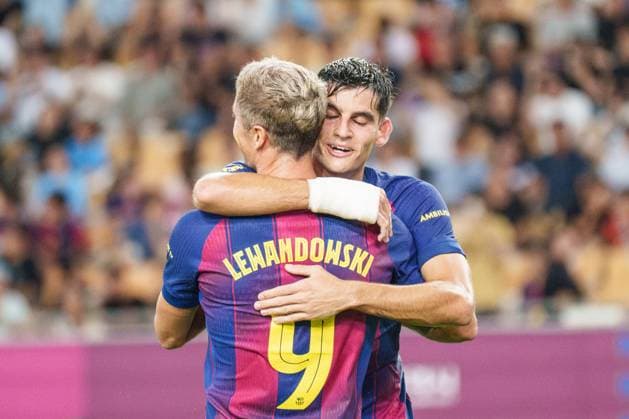 FC Barcelona, Barca 2025 Asia Tour Edition ( Daegu FC vs FC Barcelona - 2025-08-04 ) DAEGU, SOUTH KOREA, AUG 04: Robert Lewandowski of FC Barcelona celebrates with Gerard Martin of FC Barcelona after scoring during the FC Barcelona 2025 Asia Tour Edition match between Daegu FC and FC Barcelona at the Daegu Stadium in Daegu, South Korea on August 04, 2025. (Editorial Use Only) Daegu the Daegu Stadium South Korea 8222_284827 Copyright: xStevexChoxKyewoong PentaxPressx