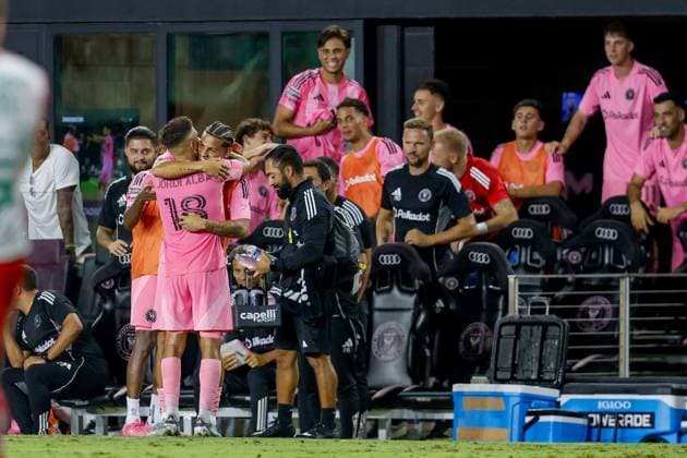 FT. LAUDERDALE, FL - AUGUST 02: Inter Miami defender Jordi Alba (18) celebrates his goal with team mates during a Leagues Cup soccer match between Inter Miami CF and Necaxa at Chase Stadium on August 02, 2025 in Fort Lauderdale, Florida.(Photo by Chris Arjoon Icon Sportswire) SOCCER: AUG 02 Leagues Cup Inter Miami vs Necaxa EDITORIAL USE ONLY Icon250802001152