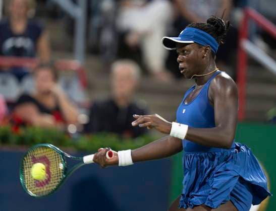 August 4, 2025, Montreal, Pq, Canada: Victoria Mboko of Canada hits a return to Jessica Bouzas Maneiro of Spain during quarterfinal tennis action at the National Bank Open in Montreal, Monday, Aug. 4, 2025. Canada News - August 4, 2025  - ZUMAc35_ 20250804_zaf_c35_060 Copyright: xChristinnexMuschix