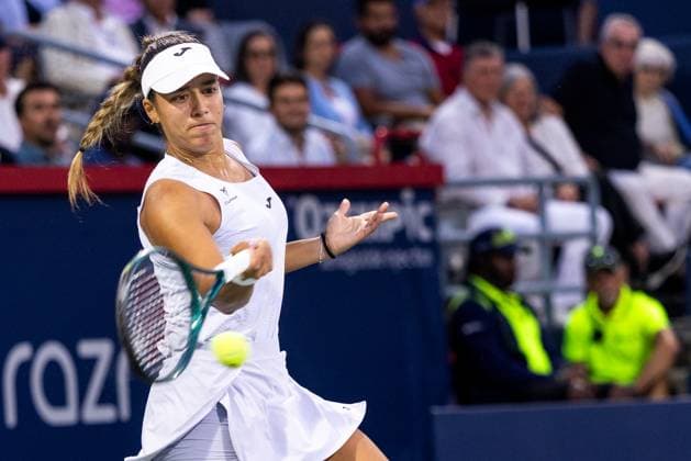 August 4, 2025, Montreal, Quebec, Canada: JESSICA BOUZAS MANEIRO from Spain forehand in first set against Victoria Mboko (WC) from Canada in quarter final at Canadian Open at IGA stadium in Montreal, Quebec, Canada on 2025-08-04 Montreal Canada - ZUMAl189 20250804_zsp_l189_031 Copyright: xYannickxLegarex