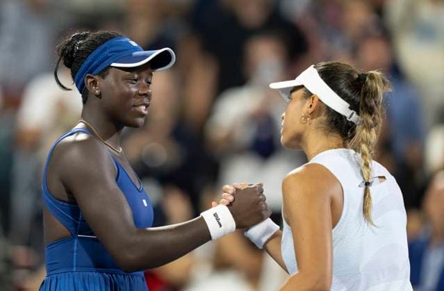 August 4, 2025, Montreal, Pq, Canada: Victoria Mboko of Canada, left, shakes hands with Jessica Bouzas Maneiro of Spain following her win during quarterfinal tennis action at the National Bank Open in Montreal, Monday, Aug. 4, 2025. Canada News - August 4, 2025 - ZUMAc35_ 20250804_zaf_c35_090 Copyright: xChristinnexMuschix