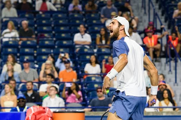 August 4, 2025, Toronto, Ontario, Canada: KAREN KHACHANOV reacts to his victory against ALEX MICHELSEN of the US during the National Bank Open Presented by Rogers at Sobeys Stadium. Toronto Canada - ZUMAr228 20250804_znp_r228_024 Copyright: xVasiliyxRyabykhx