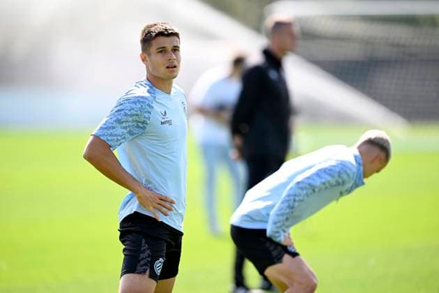 Salzburg v Club Brugge - UEFA Champions League Media Activities 05 08 2025 WESTKAPELLE, BELGIUM - AUGUST 05 : Tresoldi Nicolo forward of Club Brugge pictured during a training session ahead of the UEFA Champions League 2025 26 third qualifying round first leg between Salzburg and Club Brugge on August 5, 2025 in Westkapelle, Belgium, 05 08 2025 Westkapelle Belgium  Copyright: xNicoxVereeckenx
