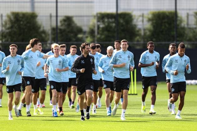 Club s players pictured during a training session of Belgian soccer team Club Brugge, on Tuesday 05 August 2025 in Brugge. The team will play tomorrow the first leg of the third qualifying round for the UEFA Champions League competition against Austrian team FC Salzburg. BRUNOxFAHY  x130675286x