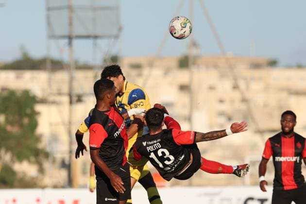 Vincenzo Polito of Hamrun Spartans tries an overhead kick during the the UEFA Europa League Third qualifying round, 1st leg soccer match between Hamrun Spartans FC and Maccabi Tel Aviv FC at the Tony Bezzina Stadium, in Paola, Malta, on 05 August 2025. UEFA Europa League - Hamrun Spartans FC v Maccabi Tel Aviv FC