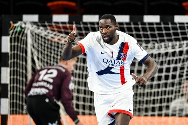 Karl Konan (Paris Saint-Germain) gestures during the Handball Friendly match between Frisch Auf! Göppingen and Paris Saint-Germain at ratiopharm Arena on August 5, 2025 in Neu-Ulm, Germany. (Photo by Harry Langer DeFodi Images)