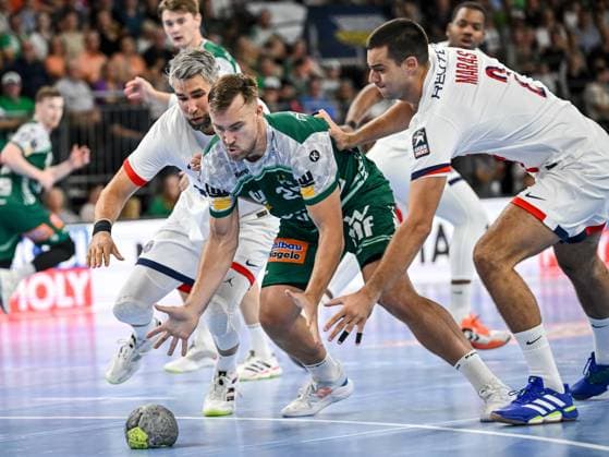 Luka Karabatic (Paris Saint-Germain), Ludvig Jurmala Astroem (FRISCH AUF! Goeppingen) und Mateo Maras (Paris Saint-Germain) battle for the ball during the Handball Friendly match between Frisch Auf! Göppingen and Paris Saint-Germain at ratiopharm Arena on August 5, 2025 in Neu-Ulm, Germany. (Photo by Harry Langer DeFodi Images)