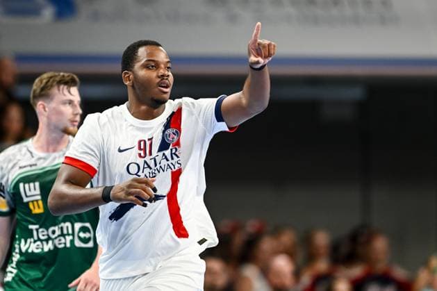 Gautier Loredon (Paris Saint-Germain) gestures during the Handball Friendly match between Frisch Auf! Göppingen and Paris Saint-Germain at ratiopharm Arena on August 5, 2025 in Neu-Ulm, Germany. (Photo by Harry Langer DeFodi Images)