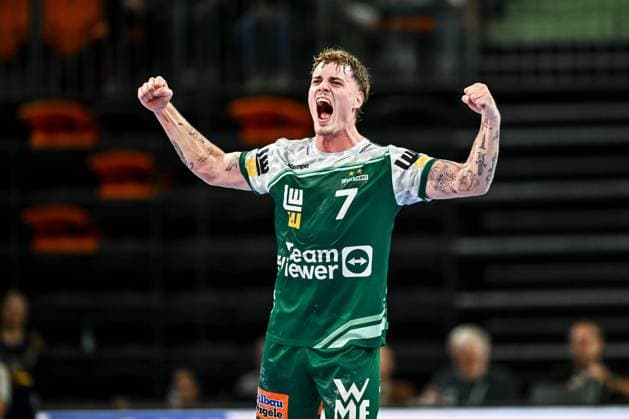Victor Kloeve (FRISCH AUF! Goeppingen) gestures during the Handball Friendly match between Frisch Auf! Göppingen and Paris Saint-Germain at ratiopharm Arena on August 5, 2025 in Neu-Ulm, Germany. (Photo by Harry Langer DeFodi Images)