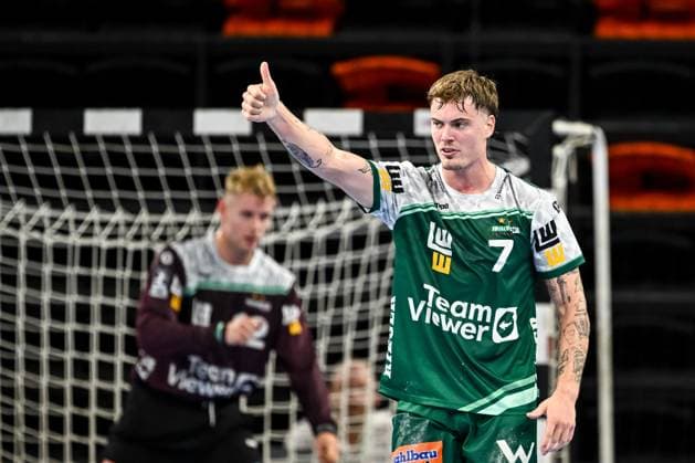 Victor Kloeve (FRISCH AUF! Goeppingen) gestures during the Handball Friendly match between Frisch Auf! Göppingen and Paris Saint-Germain at ratiopharm Arena on August 5, 2025 in Neu-Ulm, Germany. (Photo by Harry Langer DeFodi Images)