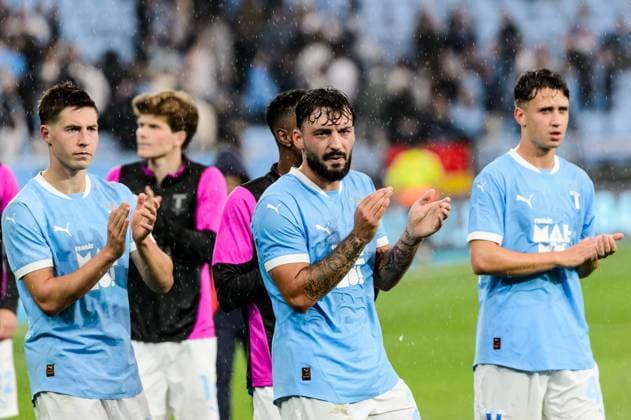 250805 Lasse Berg Johnsen, Sead Haksabanovic and Kenan Busuladzic of Malmö FF after the UEFA Champions League qualifier football match between Malmö FF and FC Copenhagen on August 5, 2025 in Malmö. Photo: Christian Örnberg BILDBYRAN COP 166 CS0745 fotboll football soccer fotball uefa champions league champions league malmö ff fc copenhagen bbeng Copyright: CHRISTIANxÖRNBERG BB250805CO080