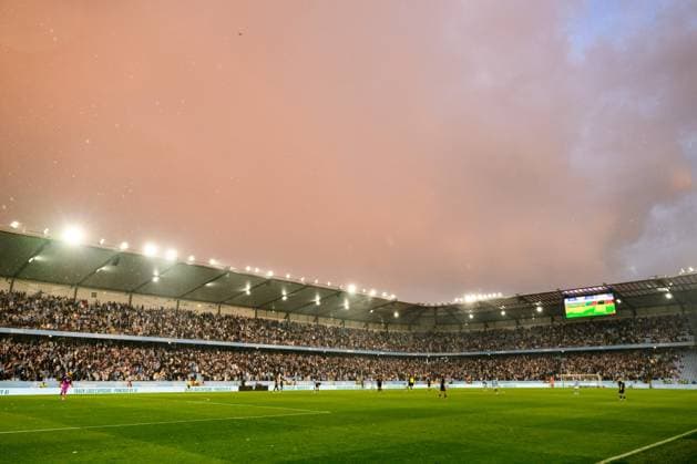 250805 General view of Eleda stdion during the UEFA Champions League qualifier football match between Malmö FF and FC Copenhagen on August 5, 2025 in Malmö. Photo: Carl Sandin BILDBYRAN kod CS CS0745 fotboll football soccer fotball uefa champions league champions league malmö ff fc copenhagen bbeng arena interiör Copyright: CARLxSANDIN BB250805CS097
