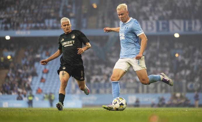 MALMÖ, SWEDEN 20250805 FC Copenhagen s Magnus Mattsson (left) and Malmö FF s Otto Rosengren in action during the third qualifying round, 1st leg Champions League soccer match between Malmo FF and FC Copenhagen at Malmo New Stadium in Malmo, Sweden, on Aug. 5, 2025. MALMÖ SWEDEN x10600x