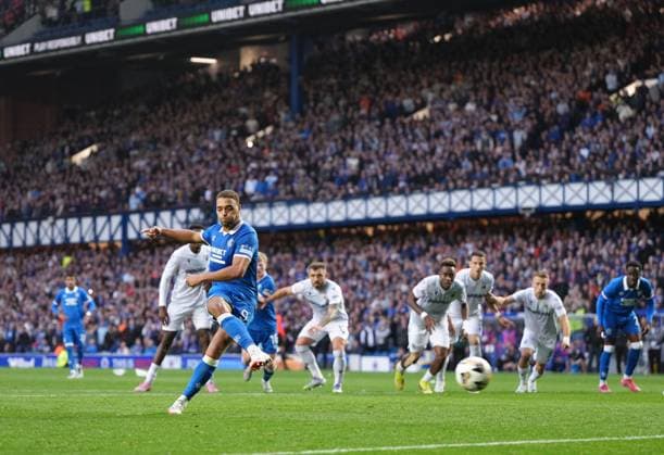 Cyriel Dessers of Rangers scores from the penalty spot to give Rangers a 2-0 lead. Rangers v Viktoria Plzen, UEFA Champions League, 3rd Qualifying Round, First Leg, Football, Ibrox Stadium, Glasgow, Scotland, UK - 05 Aug 2025Glasgow Ibrox Stadium Scotland United Kingdom EDITORIAL USE ONLY No use with unauthorised audio, video, data, fixture lists, club league logos or live services. Online in-match use limited to 120 images, no video emulation. No use in betting, games or single club league player publications. Copyright: xStuartxWallace Shutterstockx 15428174w