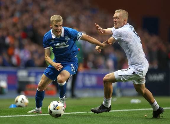 Oliver Antman of Rangers goes past Karel Spacil of FC Viktoria Plzen during the Champions League third qualifying round first leg match at Ibrox Stadium, Glasgow. Rangers v Viktoria Plzen - UEFA Champions League - Third Qualifying Round First Leg - Ibrox Stadium, Glasgow, Lanarkshire, Scotland, UK - 05 Aug 2025Glasgow Ibrox Lanarkshire United Kingdom  Copyright: xO Rourke RangersxFC Shutterstockx 15428761bx
