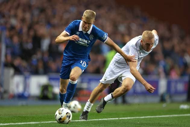 Oliver Antman of Rangers goes past Karel Spacil of FC Viktoria Plzen during the Champions League third qualifying round first leg match at Ibrox Stadium, Glasgow. Rangers v Viktoria Plzen - UEFA Champions League - Third Qualifying Round First Leg - Ibrox Stadium, Glasgow, Lanarkshire, Scotland, UK - 05 Aug 2025Glasgow Ibrox Lanarkshire United Kingdom  Copyright: xO Rourke RangersxFC Shutterstockx 15428761bz