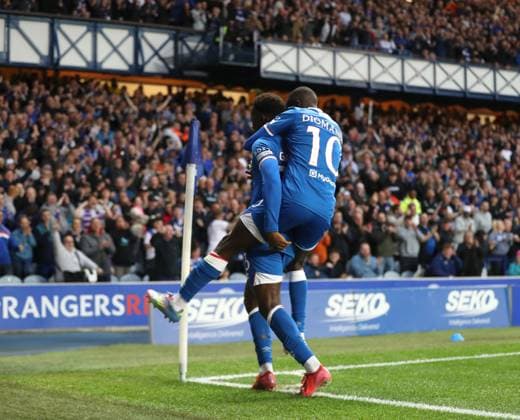 Djeidi Gassama of Rangers celebrates his second goal with Mohamed Diomande during the Champions League third qualifying round first leg match at Ibrox Stadium, Glasgow. Rangers v Viktoria Plzen - UEFA Champions League - Third Qualifying Round First Leg - Ibrox Stadium, Glasgow, Lanarkshire, Scotland, UK - 05 Aug 2025Glasgow Ibrox Lanarkshire United Kingdom  Copyright: xO Rourke RangersxFC Shutterstockx 15428761di