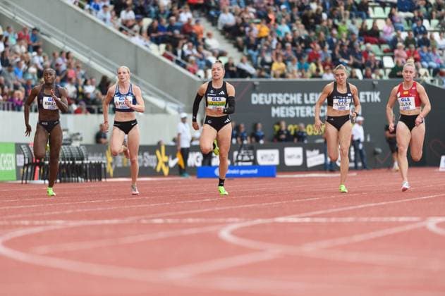 Dresden, Germany, August 2nd 2025: Lisa Marie Kwayie (Neuköllner SF), Sina Mayer (LAZ Zweibrücken), Gina Lückenkemper (SCC Berlin), Rebekka Haase (Sprintteam Wetzlar) and Sophia Junk (LG Rhein-Wied) during the 100 metres final during the German athletics Championship 2025 at Heinz-Steyer-Stadion, Dresden, Germany. (Sven Beyrich SPP)  Copyright: xSvenxBeyrich SPPx spp-en-SvBe-20250802-D4S_7005
