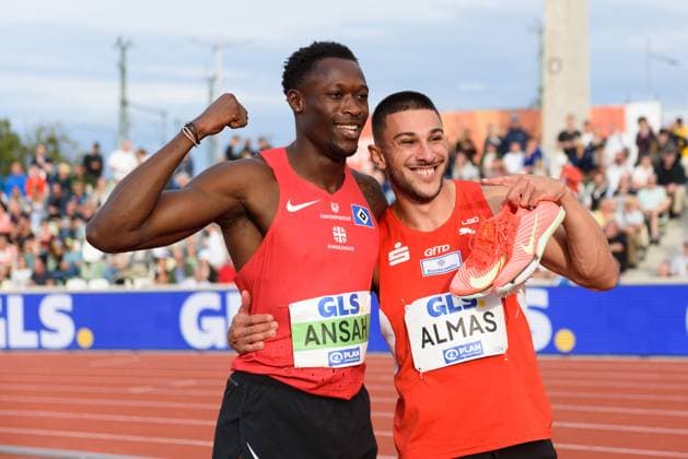 Dresden, Germany, August 2nd 2025: Owen Ansah (Hamburger SV) and Deniz Almas (LG Olympia Dortmund) after the 100 metres final during the German athletics Championship 2025 at Heinz-Steyer-Stadion, Dresden, Germany. (Sven Beyrich SPP)  Copyright: xSvenxBeyrich SPPx spp-en-SvBe-20250802-D75_2596