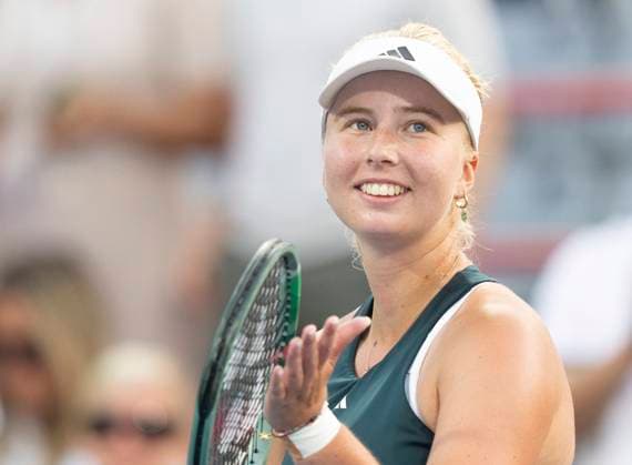 August 5, 2025, Montreal, Pq, Canada: Clara Tauson of Denmark celebrates her win over Madison Keys of the United States during quarterfinal tennis action at the National Bank Open in Montreal, Tuesday, Aug. 5, 2025. Canada News - August 5, 2025  - ZUMAc35_ 20250805_zaf_c35_061 Copyright: xChristinnexMuschix