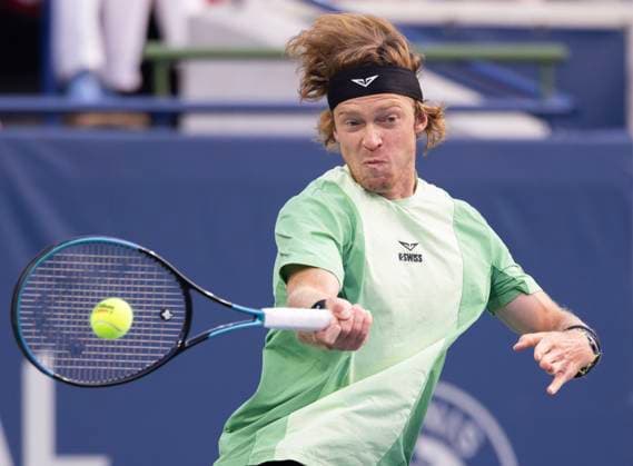 (250806) -- TORONTO, Aug. 6, 2025 -- Andrey Rublev of Russia returns the ball during the men s singles quarterfinal match between Andrey Rublev of Russia and Taylor Fritz of the United States at the 2025 National Bank Open tennis tournament in Toronto, Canada, on Aug. 5, 2025. (Photo by Xinhua) (SP)CANADA-TORONTO-TENNIS-NATIONAL BANK OPEN-MEN S SINGLES-QUARTERFINALS ZouxZheng 