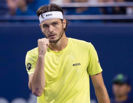(250806) -- TORONTO, Aug. 6, 2025 -- Taylor Fritz of the United States celebrates scoring during the men s singles quarterfinal match between Andrey Rublev of Russia and Taylor Fritz of the United States at the 2025 National Bank Open tennis tournament in Toronto, Canada, on Aug. 5, 2025. (Photo by Xinhua) (SP)CANADA-TORONTO-TENNIS-NATIONAL BANK OPEN-MEN S SINGLES-QUARTERFINALS ZouxZheng 
