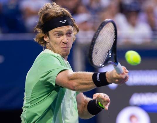 (250806) -- TORONTO, Aug. 6, 2025 -- Andrey Rublev of Russia returns the ball during the men s singles quarterfinal match between Andrey Rublev of Russia and Taylor Fritz of the United States at the 2025 National Bank Open tennis tournament in Toronto, Canada, on Aug. 5, 2025. (Photo by Xinhua) (SP)CANADA-TORONTO-TENNIS-NATIONAL BANK OPEN-MEN S SINGLES-QUARTERFINALS ZouxZheng 