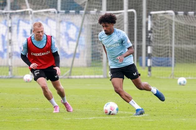 DEU, DFL, 2. FBL Hertha BSC, Training, 06.08.2025, Sportforum, Berlin, DEU, DFL, 2. FBL Hertha BSC, Training, im Bild Jeremy Dudziak (Hertha BSC Berlin 19), Jon Dabur Thorsteinsson (Hertha BSC Berlin 24) DFL - regulations prohibit any use of Photographs as image sequences and or quasi-video