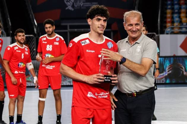August 6, 2025, Cairo, Cairo, Egypt: BAHRI HAMZA Won Man of the match From 11TH IHF Handball World Championship, WM, Weltmeisterschaft U19 (Egypt 2025) Match Between Tunisia and USA at Cairo Stadium Hall 1 Cairo Egypt - ZUMAe138 20250806_zsp_e138_042 Copyright: xBassemxElziatyx