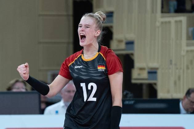 06.08.2025, xhfmx, Volleyball EM-Qualifikation, Deutschland - Schweiz Hanna Orthmann (Deutschland) jubelt gegen die Schweiz (DFL DFB REGULATIONS PROHIBIT ANY USE OF PHOTOGRAPHS as IMAGE SEQUENCES and or QUASI-VIDEO) Wiesbaden
