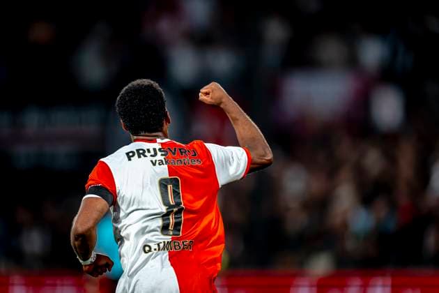 Feyenoord Rotterdam midfielder Quinten Timber scores the 1-0 and celebrating the goal during the match Feyenoord - Fenerbahce at the Kuip Stadium for the third qualifying round champions league season 2025-2026 in Rotterdam, Netherlands on 6 august 2025, (photo by Marcel van Dorst EYE4images DeFodi Images)