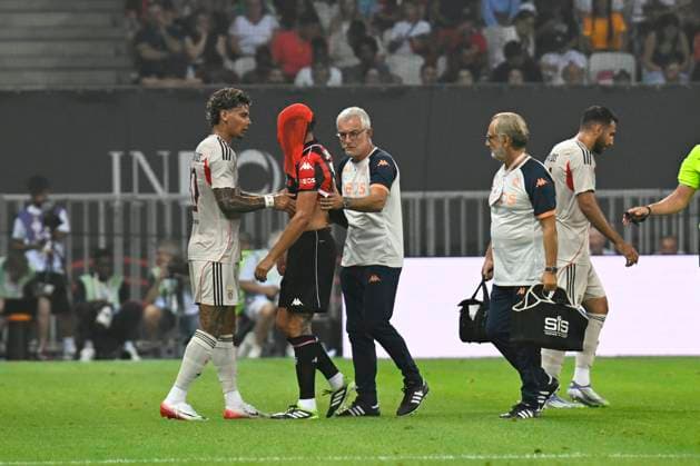 FOOTBALL : OGC Nice VS SL Benfica - Champions League - 06 08 2025 - Allianz Riviera Injury Morgan Sanson (OGC Nice) - First leg of the third qualifying round of the Champions League between OGC Nice and SL Benfica, on 6th August 2025 at the Allianz Riviera in Nice. NiceFrance  Copyright: xWilliamxCannarellax