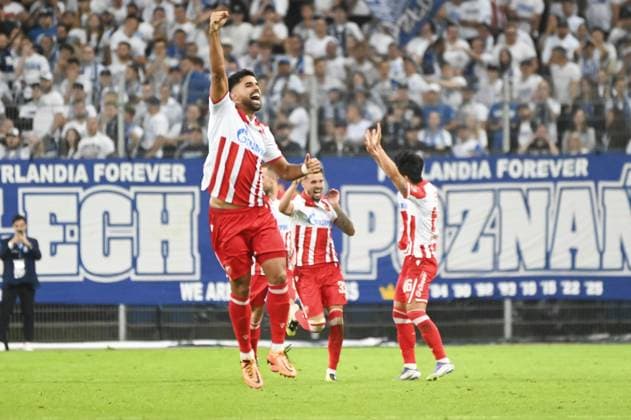 Rodrigo Prado joy after goal during match of the third qualifying round of the UEFA Champions League between Lech Poznan vs Crvena Zvezda, Poland, on August 6 2025  Copyright: xMichalxDubiel IPAxSportx xipa-agency.netx xx IPA_61826378 IPA_Agency_IPA61826378