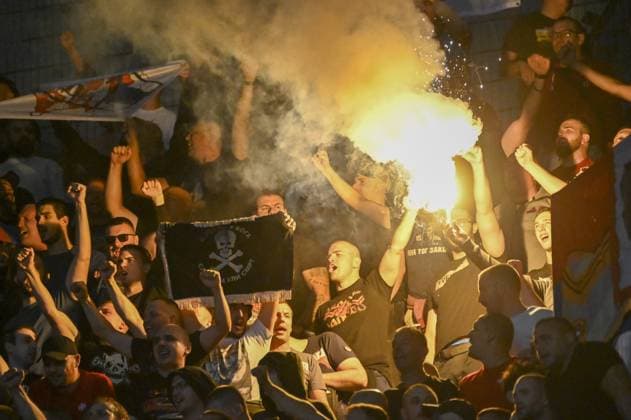 Crvena fansduring match of the third qualifying round of the UEFA Champions League between Lech Poznan vs Crvena Zvezda, Poland, on August 6 2025  Copyright: xMichalxDubiel IPAxSportx xipa-agency.netx xx IPA_61827756 IPA_Agency_IPA61827756