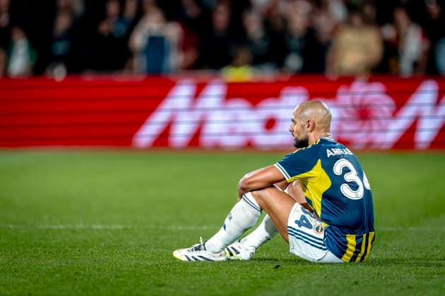 Fenerbahce SK midfielder Sofyan Amrabat dejected during the match Feyenoord - Fenerbahce at the Kuip Stadium for the third qualifying round champions league season 2025-2026 in Rotterdam, Netherlands on 6 august 2025, (photo by Marcel van Dorst EYE4images DeFodi Images)