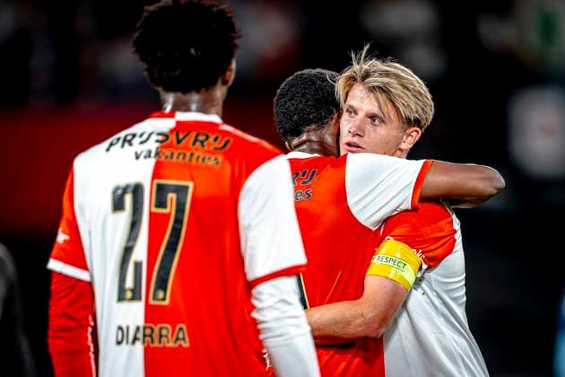 Feyenoord Rotterdam defender Givairo Read, Feyenoord Rotterdam midfielder Sem Steijn celebrating the victory after the game during the match Feyenoord - Fenerbahce at the Kuip Stadium for the third qualifying round champions league season 2025-2026 in Rotterdam, Netherlands on 6 august 2025, (photo by Marcel van Dorst EYE4images DeFodi Images)