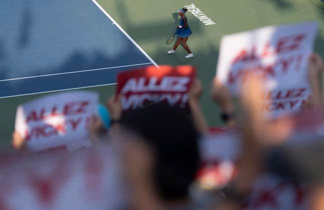 August 6, 2025, Montreal, Pq, Canada: Fans hold signs in support of Victoria Mboko of Canada as she plays Elena Rybakina of Kazakhstan during semifinal tennis action at the National Bank Open in Montreal, Wednesday, Aug. 6, 2025. Canada News - August 6, 2025  - ZUMAc35_ 20250806_zaf_c35_035 Copyright: xChristinnexMuschix