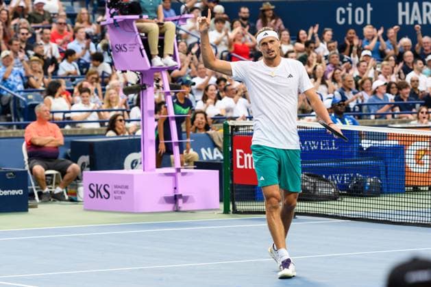 August 6, 2025, Toronto, Ontario, Canada: ALEXANDER ZVEREV of Germany celebrates a point against KAREN KHACHANOV during the National Bank Open Presented by Rogers at Sobeys Stadium. Toronto Canada - ZUMAr228 20250806_znp_r228_005 Copyright: xVasiliyxRyabykhx