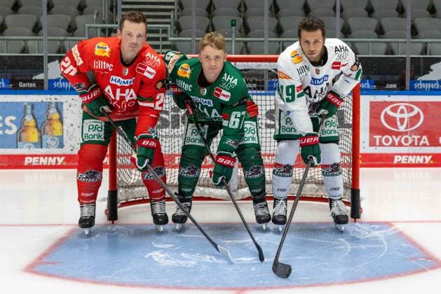 Cody Kunyk 20 (Augsburger Panther), Florian Elias 67 (Augsburger Panther), Riley Damiani 19 (Augsburger Panther), Mannschafts und Portraitbilder, Augsburger Panther, Saison 2025 2026, Eishockey, Penny-DEL, 06.08.2025 Augsburg Bayern Deutschland