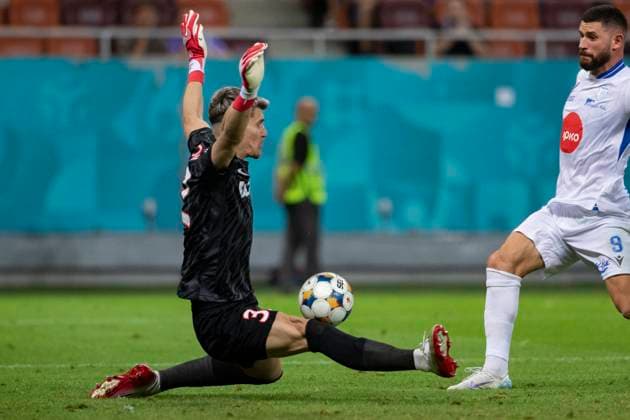 August 07, 2025, UEFA EUROPA LEAGUE, Third qualifying round 1st leg, FCSV (ROU) vs Drita (KOS), Bucharest, National Arena Stadium 32Stefan Tarnovanu saves in fron of the Drita forward