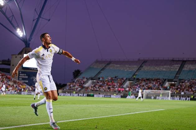 Cristiano Ronaldo seen celebrating after scoring goal during Friendly game between Al-Nassr Football Club and Rio Ave FC (Maciej Rogowski) Algarve Estadio Algarve Portugal Copyright: xMaciejxRogowskix alnassrrioave2526-18