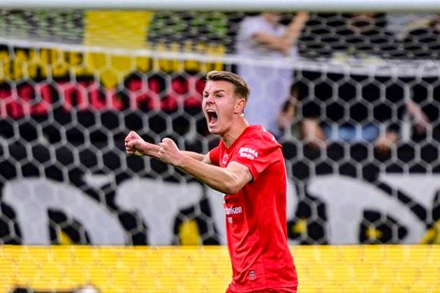 GOTHENBURG, SWEDEN 20250807 Brann s Emil Kornvig celebrates 0-1 during Thursday s Europa League third qualifying round soccer match between Sweden s BK Häcken and Norway s SK Brann, match 1 of 2 at Bravida Arena in Gothenburg, Sweden, August 7, 2025. GÖTEBORG SWEDEN x9200x
